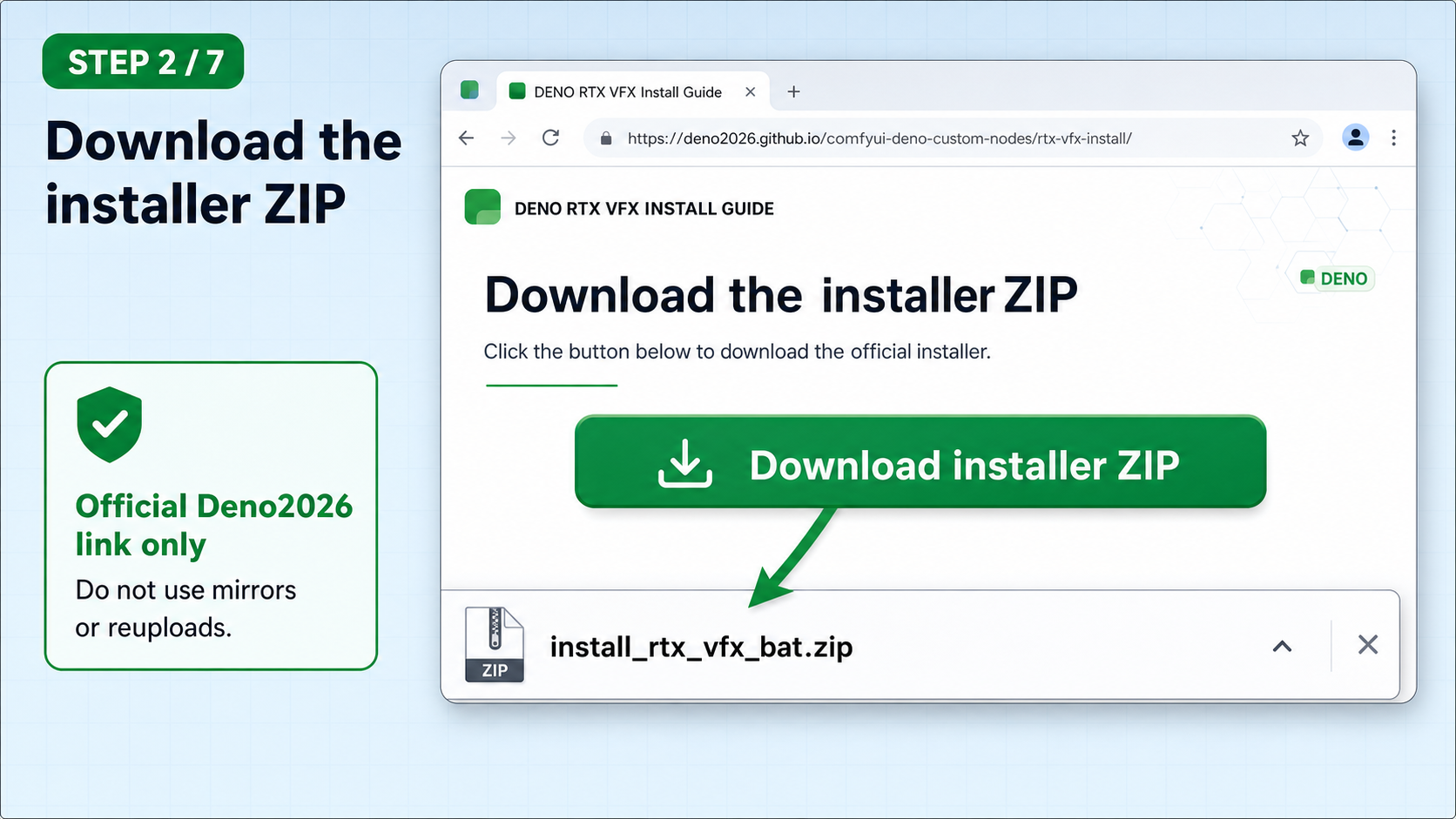 Official installer ZIP download button and Windows Downloads folder