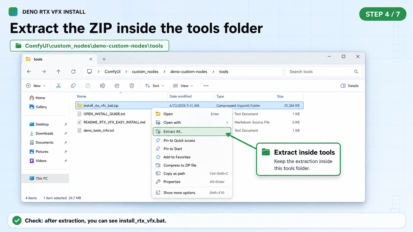Right-click the installer ZIP and choose Extract All inside the tools folder