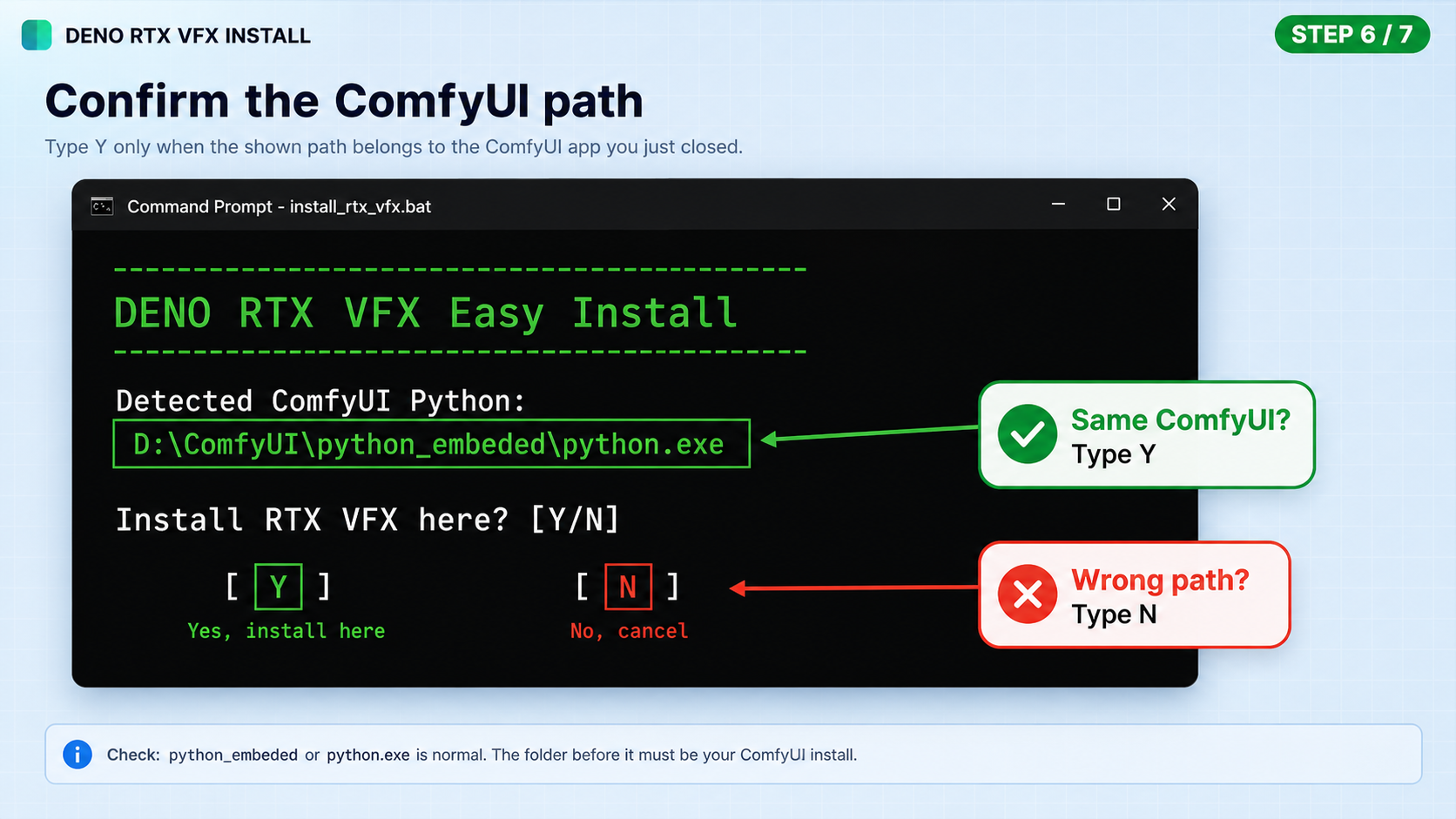 Command Prompt asking to confirm the detected ComfyUI Python path