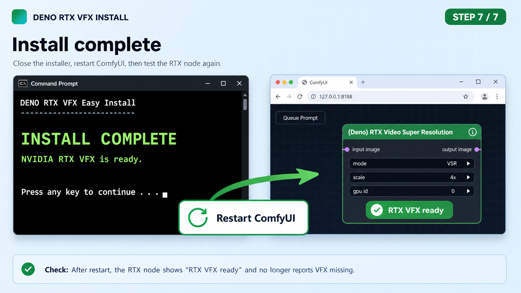 Installer complete message and ComfyUI restart check